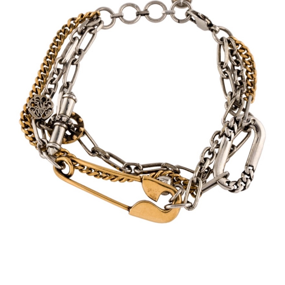 💎Alexander McQueen Safety Pin & Scull Gold and Silver Chain Bracelet